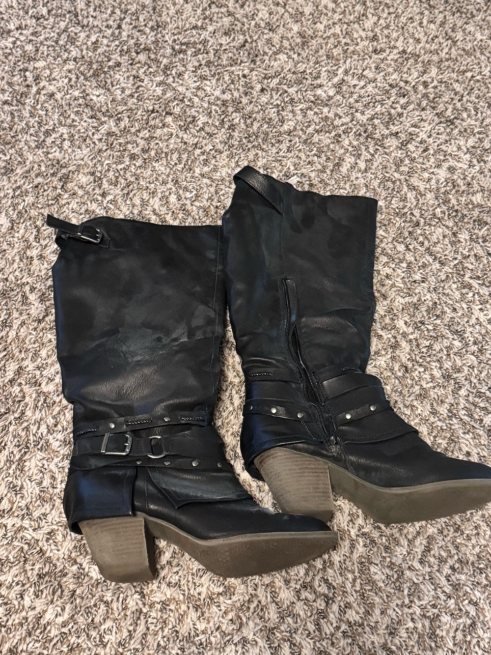 Black Women's Mid-Calf Heeled Boots - Classic Riding Style